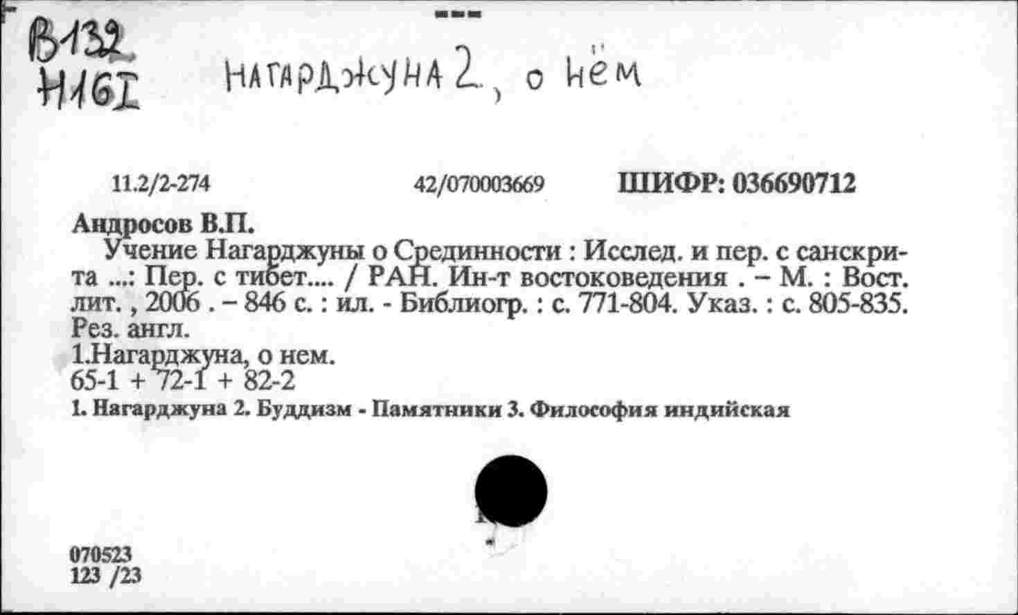 ﻿Ш61
НШрЪММ^, о
11.2/2-274	42/070003669 ШИФР: 036690712
Андросов В.П.
Учение Нагарджуны о Срединности : Исслед. и пер. с санскрита Пер. с тибет.... / РАН. Ин-т востоковедения . - М. : Вост, лит., 2006 . - 846 с.: ил. - Библиогр.: с. 771-804. Указ.: с. 805-835. Рез. англ.
1.Нагарджуна, о нем.
65-1 + 72-1 + 82-2
1. Нагарджуна 2. Буддизм - Памятники 3. Философия индийская
070523
123 /23